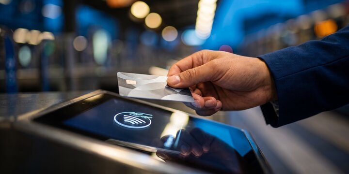 Hand holding contactless payment card showcasing rfid technology, automated turnstile access and digital payment reader, representing modern public transit and cashless convenience
