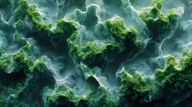 Microscopic view of green algae or cellular structures with fluid background.