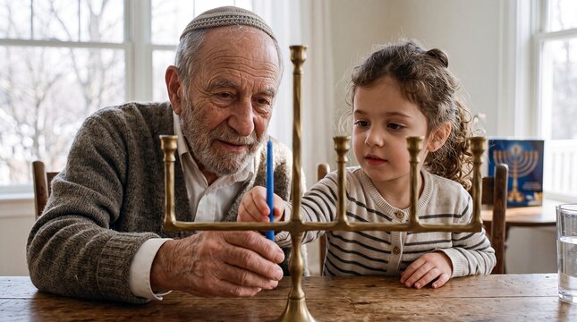 hanukkah menorah grandfather granddaughter jewish candles family tradition holiday lighting senior and child prepare lights at home passing faith wisdom heritage and customs between generations