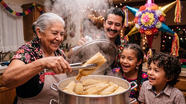 posadas tamales family cooking mexican christmas pinata tradition kitchen holiday Family makes tamales at home beside a colorful star decoration for festive heritage recipes and seasonal campaigns
