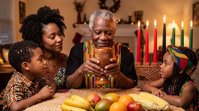 kwanzaa libation kinara family unity cup ceremony african tradition elder Older man raises the unity cup beside family and lit candles in a ritual honoring ancestors and cultural heritage