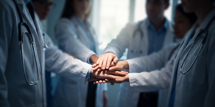 Medical team in white coats showcasing stacked hands together, professional cooperation and hospital teamwork, representing healthcare unity and medical commitment