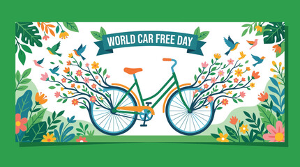 Fototapeta premium World Car Free Day bicycle with blooming flowers, leaves and birds illustration