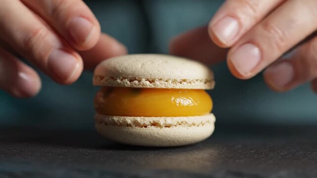Deliciously Tempting Macarons with a Luscious Yellow Filling Captured in Two Distinct Frames Highlighting the Perfecting Pastry Craftsmanship
