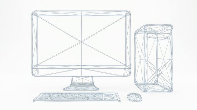 Wireframe 3 d model of a desktop computer set with monitor keyboard and mouse
