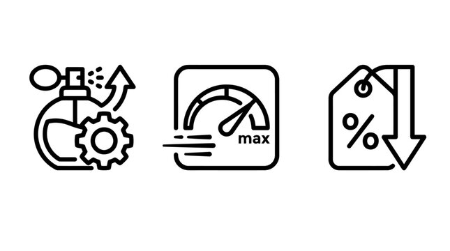 Perfume manufacturing and production line icon set featuring fragrance processing optimization and price reduction symbols production manufacturing fragrance optimization discount efficiency