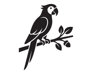 Obraz premium Parrot perched on a tropical tree branch serves as a minimalist black and white graphic icon for diverse creative projects.
