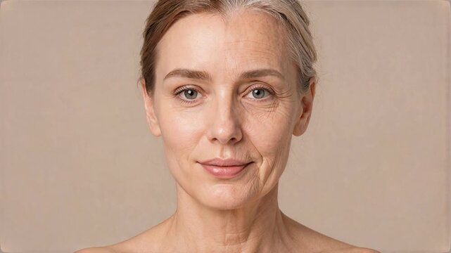 Split screen of a young and elderly woman's face. Woman's face showing natural aging process and subtle smile