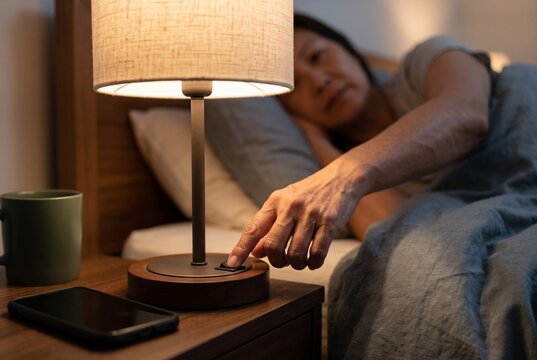 Senior woman turning off a bedside lamp before sleep
