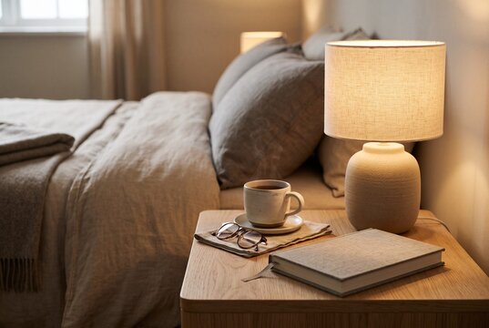 Peaceful evening bedside scene with tea lamp and book