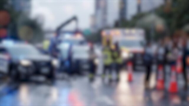 Abstract Blurred Roadside Emergency Assistance with Tow Truck, Traffic Control and Urban Street Background