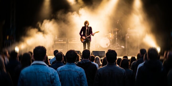 Live music concert crowd and musician featuring guitarist performing on stage, bright spotlights and atmospheric smoke, representing festival atmosphere and musical performance