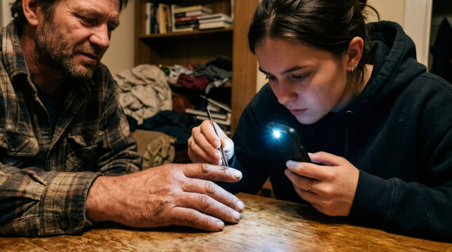 Young woman using tweezers and smartphone flashlight to remove splinter from finger of middle aged man. Healthcare assistance at home. Medical care, first aid and family support concept.