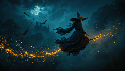 Obraz premium The shadowy figure of a witch crosses a giant moon as bats soar overhead, capturing the mystery and magic of Halloween.