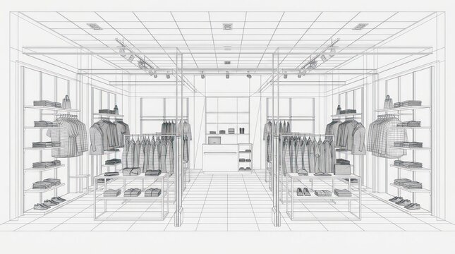 Retail store interior design wireframe rendering