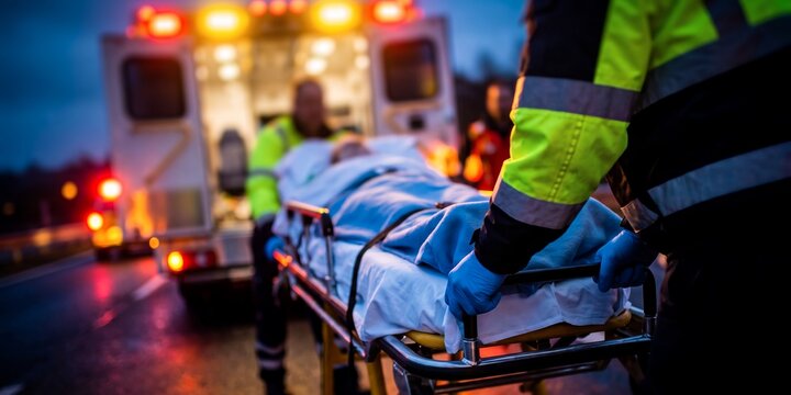 Emergency paramedics and ambulance vehicle featuring stretcher transport, flashing siren lights and night rescue, representing urgent healthcare and professional first response service