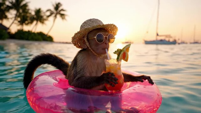 monkey relaxes in bright pink inflatable ring on calm turquoise water near palm-lined shore at sunset, holding tropical cocktail, sipping through straw, wearing straw hat and sunglasses, warm resort.