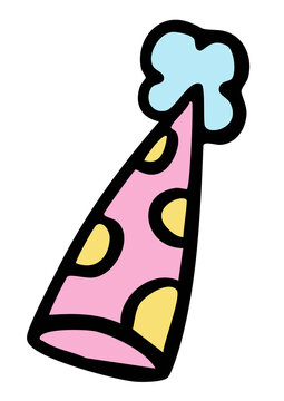 Hand drawn party hat for costume, party, celebration, amusement park, sticker, decorations, cute patches, shirt print, brooch, merchandise, logo, icon, kids and children, department store, happiness
