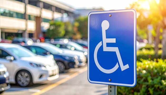A blue handicap parking sign standing in a parking lot with rows of vehicles blurred in the background during a bright sunny afternoon day.