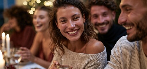 Obraz premium A vibrant holiday gathering with joyful guests sharing stories amid colorful decorations and cozy ambiance.