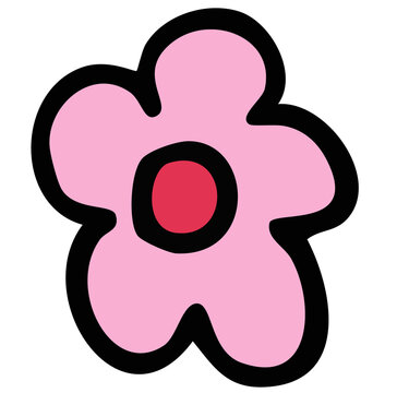 Hand drawn pink flower cartoon for floral print, sticker, nature, garden, spring, summer vibes, plants, tree, blossom, blooming, home backyard, picnic, park, outdoors, home, house, cute patch, pin