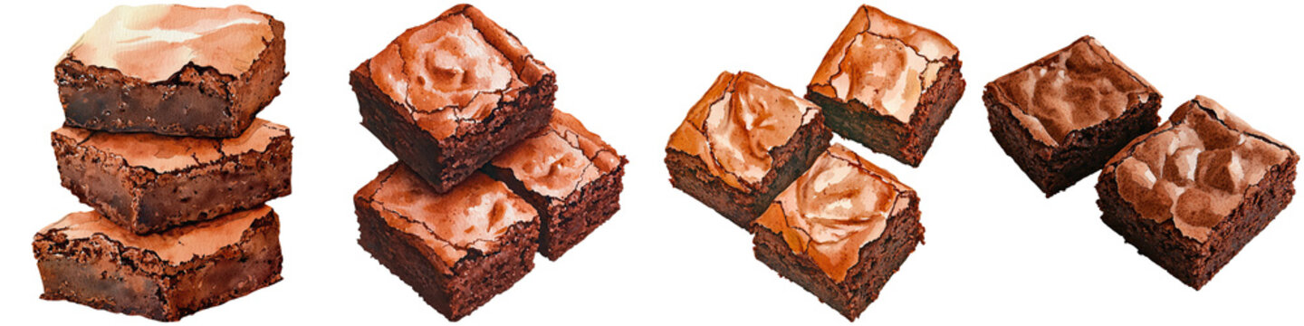 Boho dessert watercolor, Four groups of rich, chocolatey brownies with chewy textures and crackled tops, neatly arranged in small stacks or clusters.