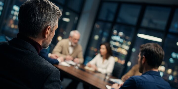 Professional business executives in a night meeting showcasing late night discussion, corporate conference room and team collaboration, representing strategic planning and executive leadership