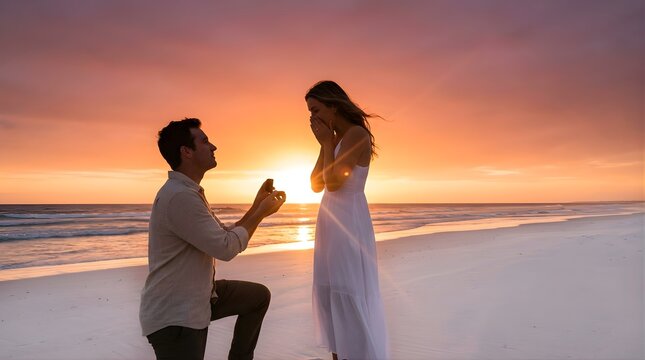 Man proposing marriage to his girlfriend on beach at sunset