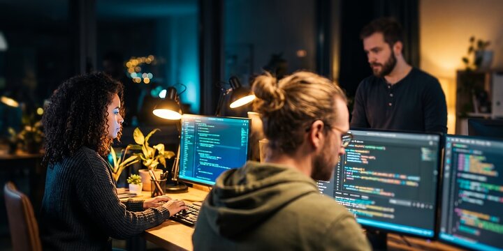 Diverse software development team featuring late night coding, multiple computer screens and focused teamwork, representing overtime productivity and software development