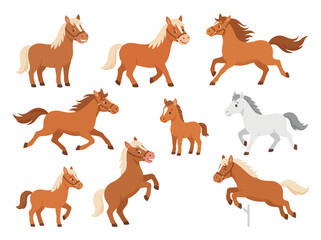 Obraz premium A collection of cartoon horses showing various poses and actions like running standing and jumping.
