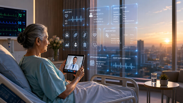 Elderly Female Patient in Hospital Room Using Tablet for Telehealth Consultation at Sunrise, Senior Woman Having Video Call with Doctor on Tablet with Futuristic Medical Interface at Sunset