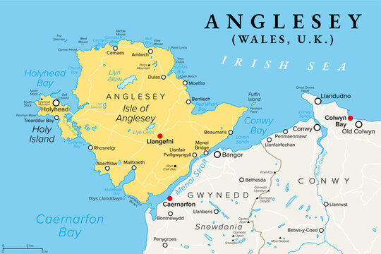 Anglesey and Holy Island, Wales, UK, political map. County of the Isle of Anglesey, bordering Gwynedd across the Menai Strait, with largest town Holyhead and administrative center Llangefni. Vector