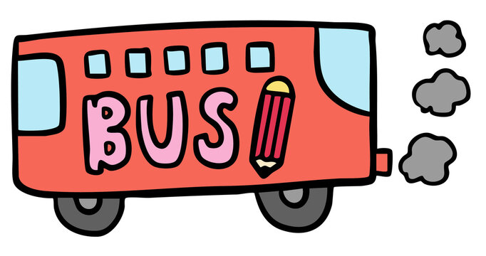 Hand drawn school bus for transportation, commute to work, pollution, transport, back to school, travel, trip, vacation, journey, holidays, sticker, print, road, street view, icon, sign, symbol