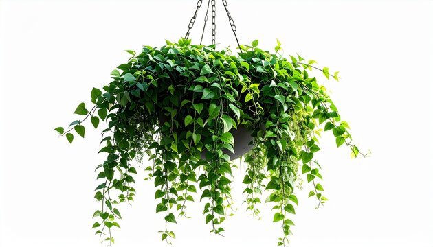A lush green cascading houseplant growing in a decorative hanging basket isolated against a plain white background for home garden decor.
