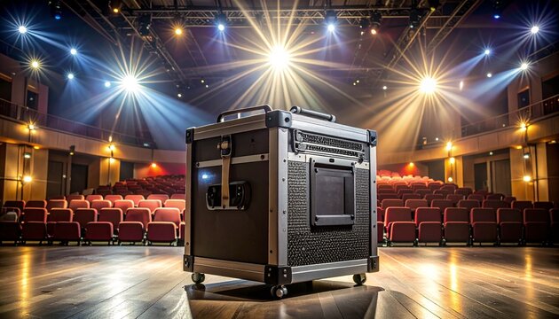 A heavy duty industrial equipment transport case sitting on a wooden stage in a large empty theater with bright stage lighting and red seats.