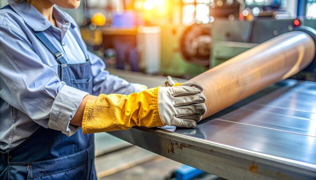 Professional factory worker wearing protective gloves operating heavy metal industrial machinery for manufacturing process in a modern facility.