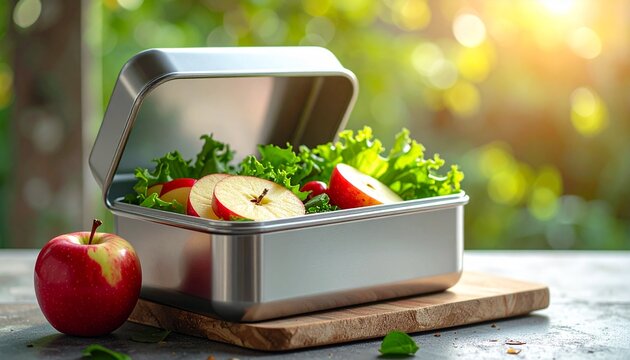 Stainless steel lunch box filled with fresh salad greens and crisp apple slices on a wooden board outdoors with beautiful warm golden sunlight.
