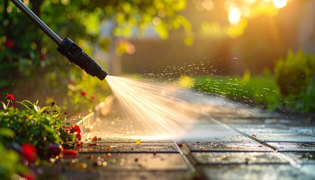 A person using a high pressure water sprayer to clean dirty paved garden path at sunset with bright golden sunlight and water spray motion.