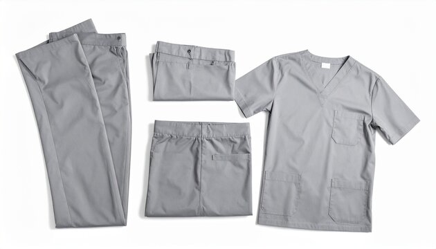 A set of grey medical scrubs including a v neck top and trousers neatly folded and laid out on a clean white background for healthcare work.