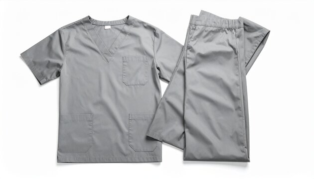 A studio shot of a pair of clean grey medical scrubs including a v neck top and matching trousers isolated on a plain white background for sale.