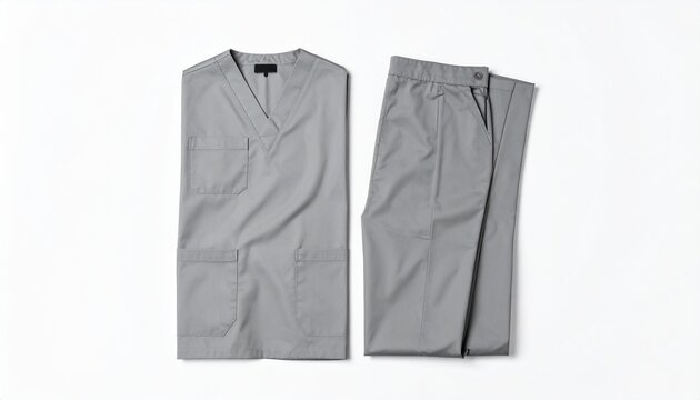 A neat set of grey medical scrubs top and pants displayed flat on a white background professional healthcare uniform for doctors and nurses.