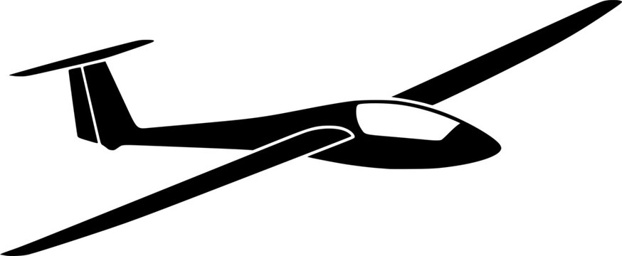 Black silhouette of sleek glider aircraft in mid flight against vector flat design isolated on white background
