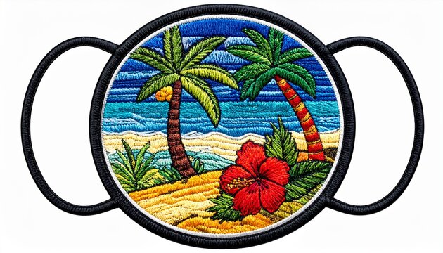 A vibrant embroidered tropical beach scene with palm trees and a red hibiscus flower inside a circular black frame isolated on white background.