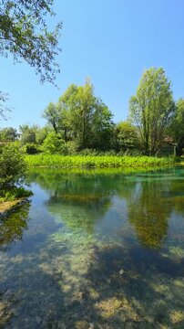Panoramic View of Tirino River in Capestrano, Crystal Clear Turquoise Water in Abruzzo Italy
