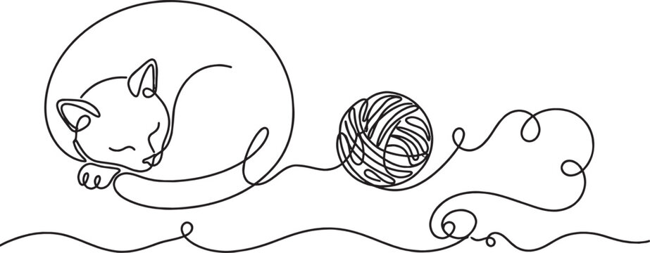 Cute cat sleeping next to a ball of yarn drawn in a continuous single line art style isolated on transparent background, Vector