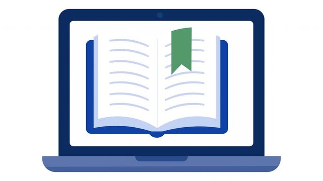 Animated open book with green bookmark video flat vector illustration motion graphic education reading concept