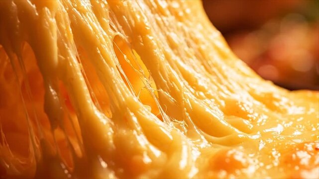 Hot melted cheese stretches into rich golden strands in an appetizing cinematic macro scene.