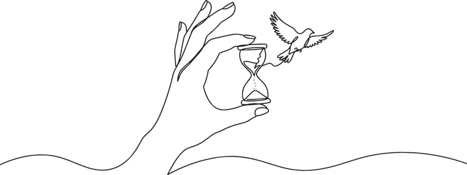 Continuous line art of a human hand holding an hourglass with a flying bird symbolizing passing time and freedom isolated on transparent background, Vector