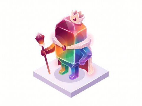 Pastel low poly gem king mascot character with crown and fur trim cape