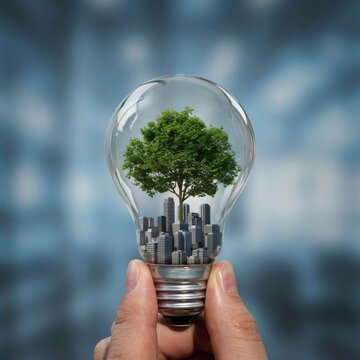 Hand holding light bulb with green tree and city. Concept for sustainable energy, urban development, green tech.
